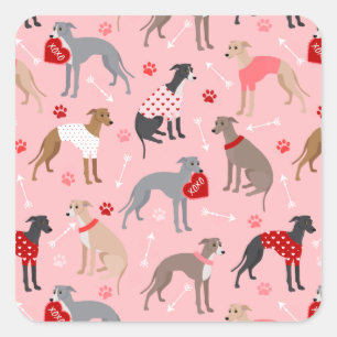 Pegatina Cuadrada Patrón de San Valentín de Greyhound italiano