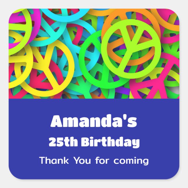 Pegatina Cuadrada Patrón de signos de paz Groovy Sesenta años Vibe C (Anverso)