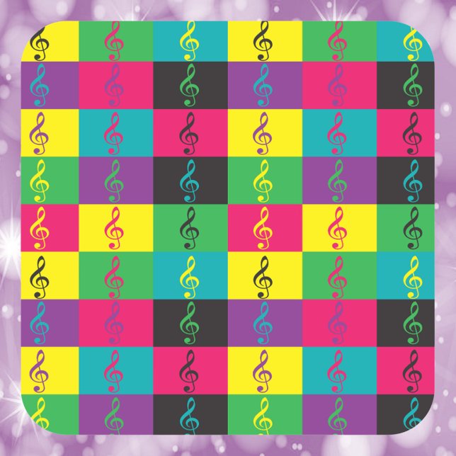 Pegatina Cuadrada Patrón de símbolo de música Treble Clef (A sticker with a treble clef pattern done in blue, yellow, green, pink and purple)