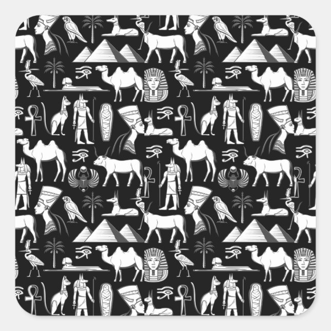 Pegatina Cuadrada Patrón de símbolos jeroglífico de Egipto antiguo (Anverso)