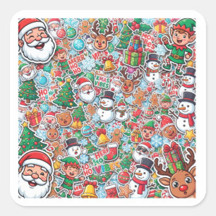 Pegatina Cuadrada Patrón de Stickers Navideños Lindos Santa Muñeco d