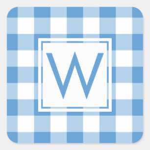 Pegatina Cuadrada Patrón de tracción de Gingham de color blanco azul