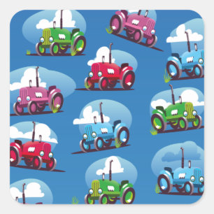 Pegatina Cuadrada Patrón de Tractor (Fondo Azul)