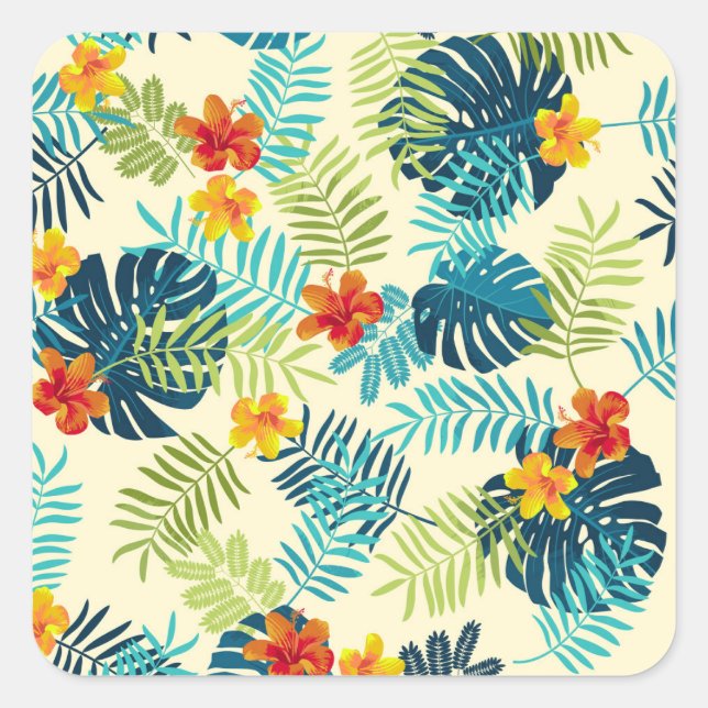 Pegatina Cuadrada Patrón de verano de Monstera Tropical Hibiscus (Anverso)