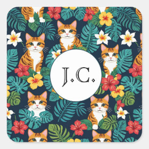 Pegatina Cuadrada Patrón del estilo de las camisas hawaianas de gato
