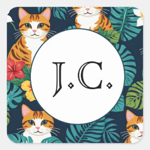 Pegatina Cuadrada Patrón del estilo de las camisas hawaianas de gato