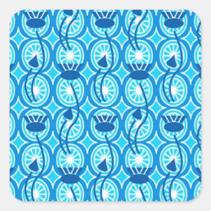 Pegatina Cuadrada Patrón egipcio Lotus, cobalto y turquesa