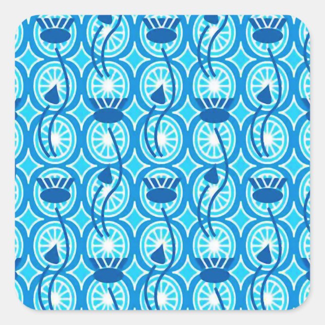 Pegatina Cuadrada Patrón egipcio Lotus, cobalto y turquesa (Anverso)