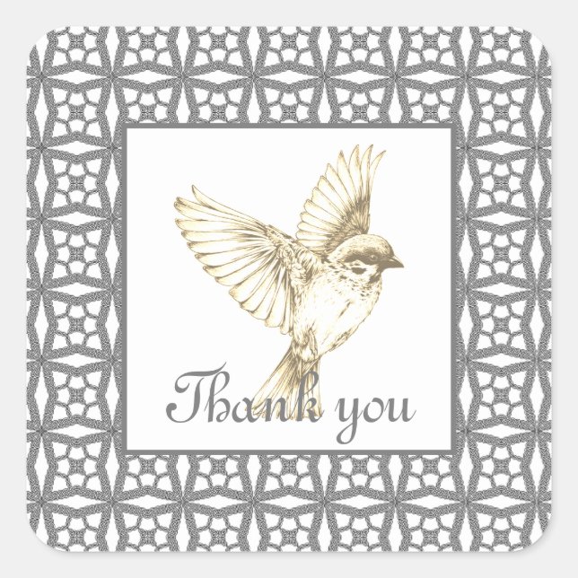 Pegatina Cuadrada Patrón elegante de encaje gris con ave (Anverso)