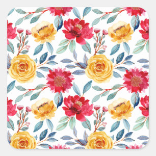 Pegatina Cuadrada Patrón floral alegre de acuarela en rosa amarilla