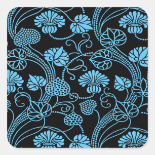 Pegatina Cuadrada Patrón Floral Antiguo Negro sobre Azul