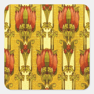 Pegatina Cuadrada Patrón floral Art Nouveau vintage de tulipanes roj