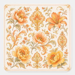 Pegatina Cuadrada Patrón Floral Barroco Antiguo - Naranja Cálido / D