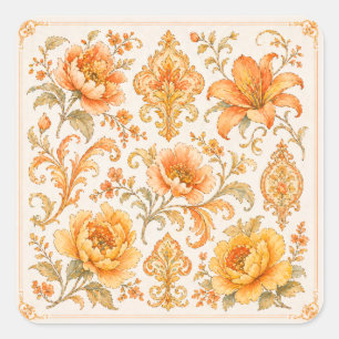 Pegatina Cuadrada Patrón Floral Barroco Antiguo - Naranja Cálido / D