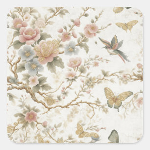 Pegatina Cuadrada Patrón floral chino vintage con colibrí