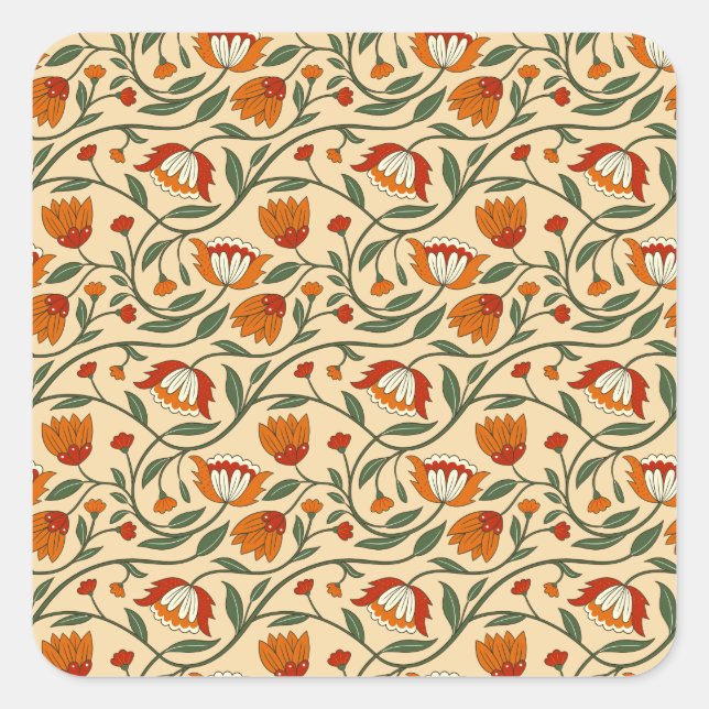Pegatina Cuadrada Patrón floral continuo en fondo beige (Anverso)