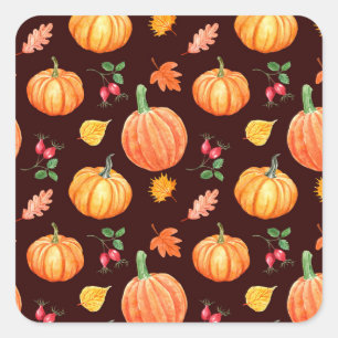 Pegatina Cuadrada Patrón floral de calabaza otoñal de color de agua