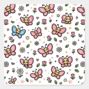 Pegatina Cuadrada Patrón Floral de Mariposa Adorable Sin Costuras Ka