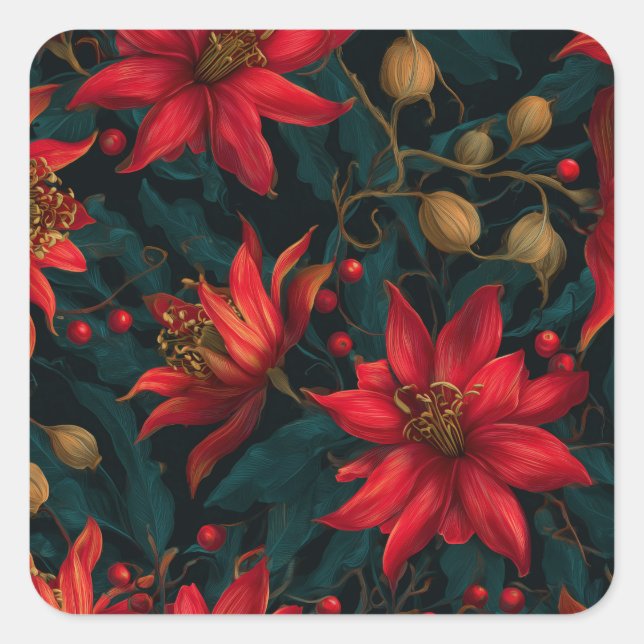 Pegatina Cuadrada Patrón Floral de Navidad Rojo Oscuro (Anverso)