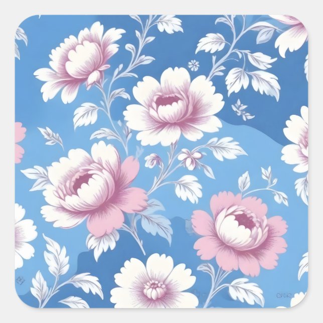 Pegatina Cuadrada Patrón floral de peones rosados (Anverso)