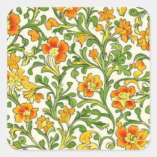 Pegatina Cuadrada Patrón floral naranja y amarillo Art Nouveau