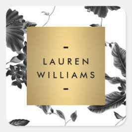 Pegatina Cuadrada Patrón floral negro vintage personalizado