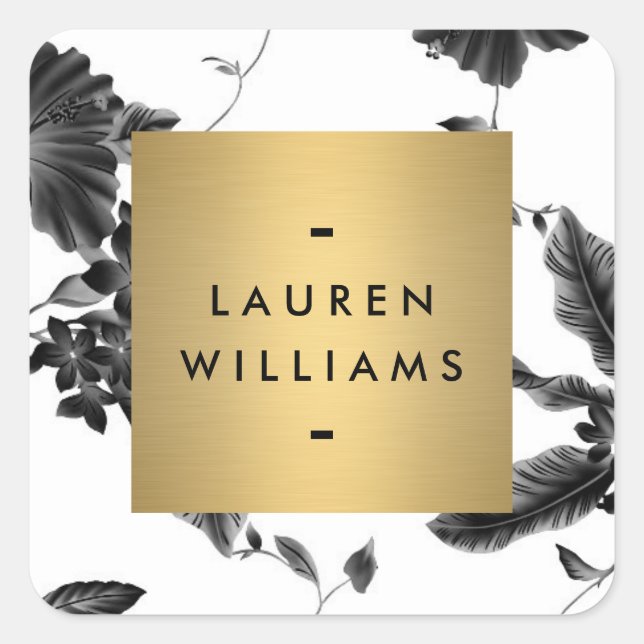 Pegatina Cuadrada Patrón floral negro vintage personalizado (Anverso)