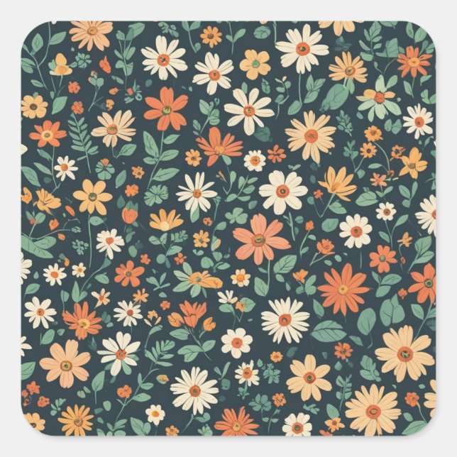 Pegatina Cuadrada Patrón floral simple (Anverso)