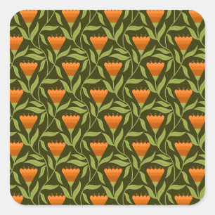 Pegatina Cuadrada Patrón floral vintage con tulipanes naranjas