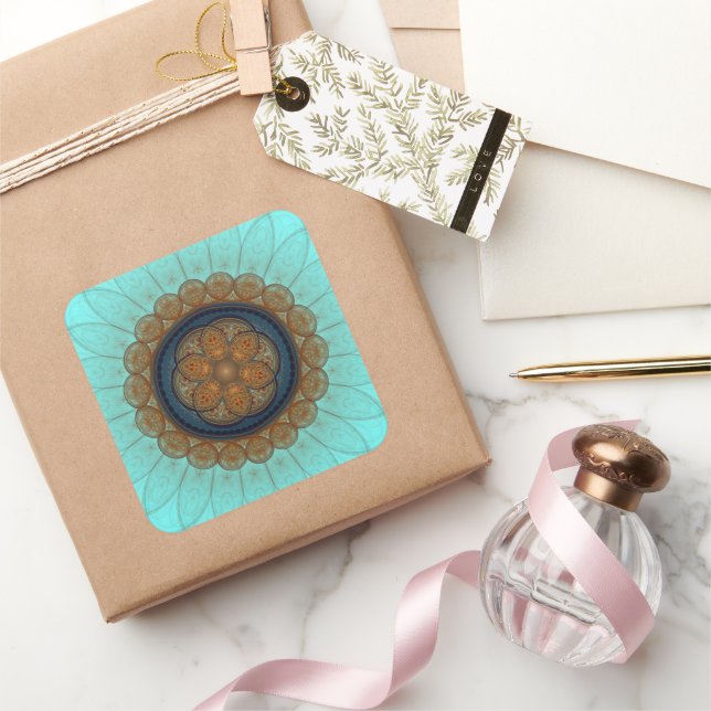 Pegatina Cuadrada Patrón fractal floral rojo ornamental (Regalar)