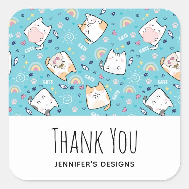 Pegatina Cuadrada Patrón Gato Gato Gatito Cuidadoso Negocio (Anverso)