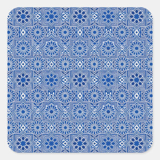 Pegatina Cuadrada Patrón Geométrico de Azulejo Tradicionales en Azul