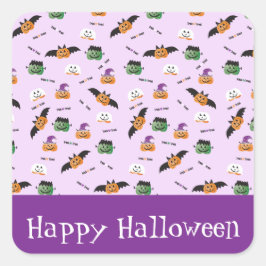 Pegatina Cuadrada Patrón Halloween Gracias Calabazas Púrpura