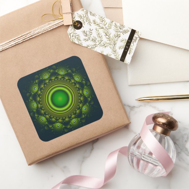 Pegatina Cuadrada Patrón hipnótico fractal verde (Regalar)