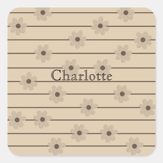 Pegatina Cuadrada Patrón horizontal Strip Brown Khaki Flower Y2K (Anverso)