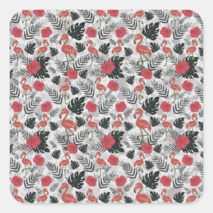 Pegatina Cuadrada Patrón ininterrumpido de flamencos con fondo flora