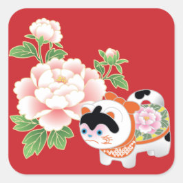 Pegatina Cuadrada Patrón japonés de kimono para perros peonis y leon