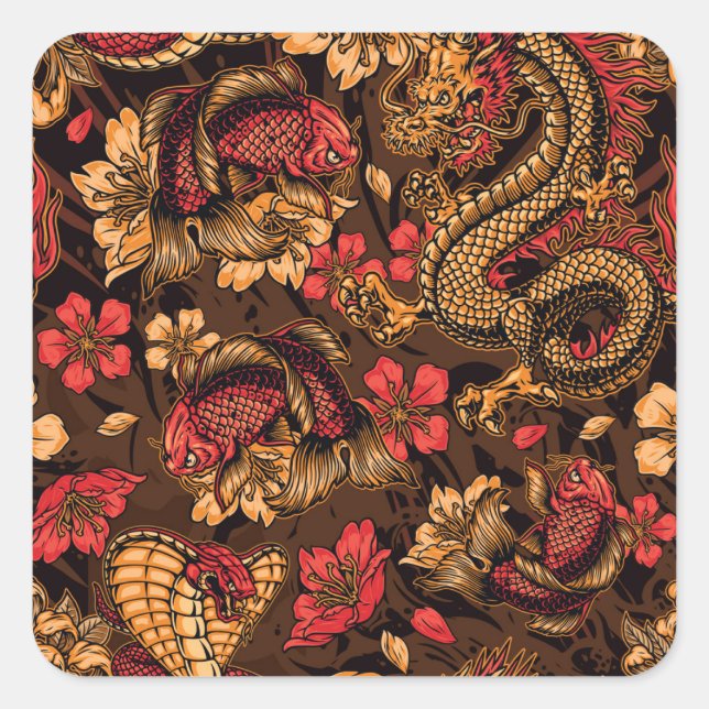 Pegatina Cuadrada Patrón koi del dragón japonés. (Anverso)