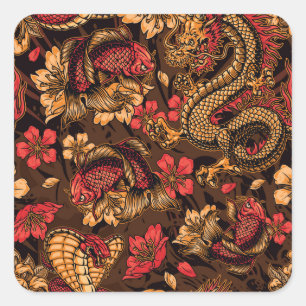 Pegatina Cuadrada Patrón koi del dragón japonés.