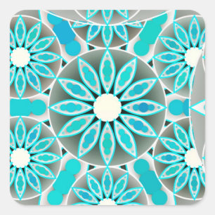 Pegatina Cuadrada Patrón Mandala, turquesa, gris plateado y blanco