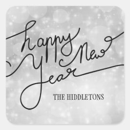 Pegatina Cuadrada Patrón moderno de bokeh de plata guión feliz de añ