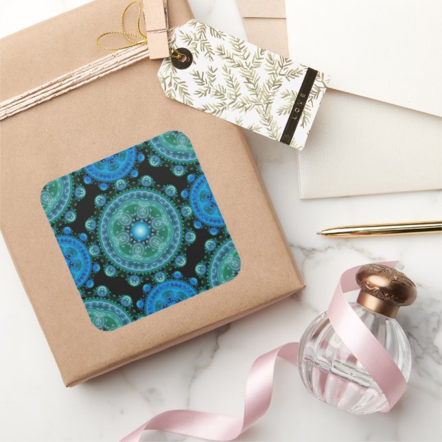 Pegatina Cuadrada Patrón oriental azul fractal (Regalar)