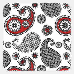 Pegatina Cuadrada Patrón paisley, negro, blanco y rojo
