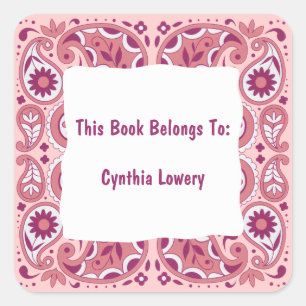 Pegatina Cuadrada Patrón Paisley Rosa Flores Blancas