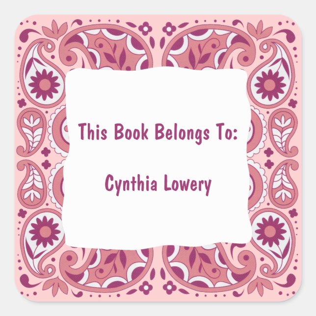 Pegatina Cuadrada Patrón Paisley Rosa Flores Blancas (Anverso)