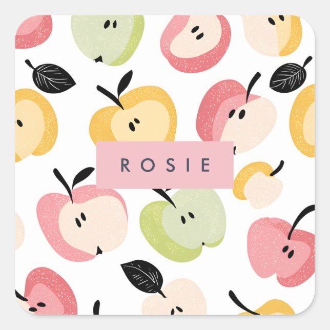 Pegatina Cuadrada Patrón personalizado de manzana cuta colorido (Anverso)