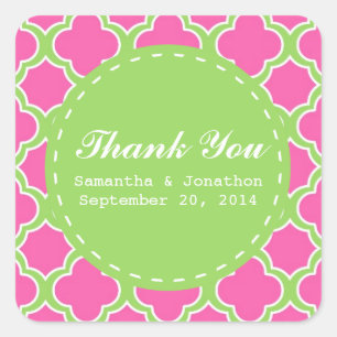 Pegatina Cuadrada Patrón Quatrefoil Rosa y Verde Gracias