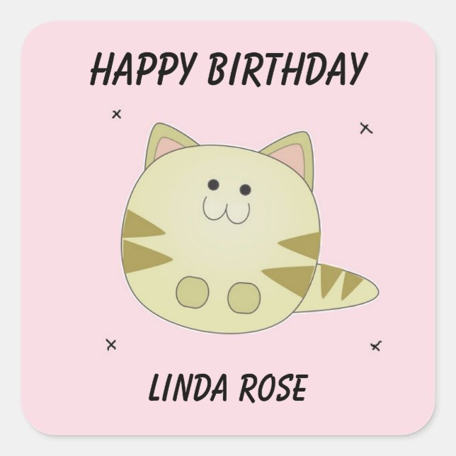 Pegatina Cuadrada Patrón rosa de gato marrón lindo feliz cumpleaños (Anverso)