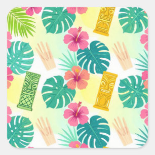 Pegatina Cuadrada Patrón Tiki Hawaiano Tropical para Bodas Fiestas