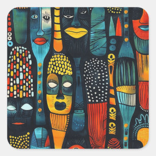 Pegatina Cuadrada Patrón tribal africano con ídolos.